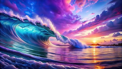 blue and purple abstract painting of ocean waves with forced perspective