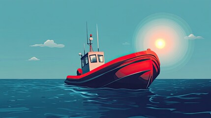 Red and Black Fishing Boat on a Calm Sea with a Bright Sun