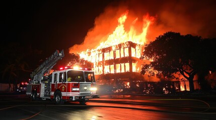 Naklejka premium Firefighter Responding to Building Fire at Night