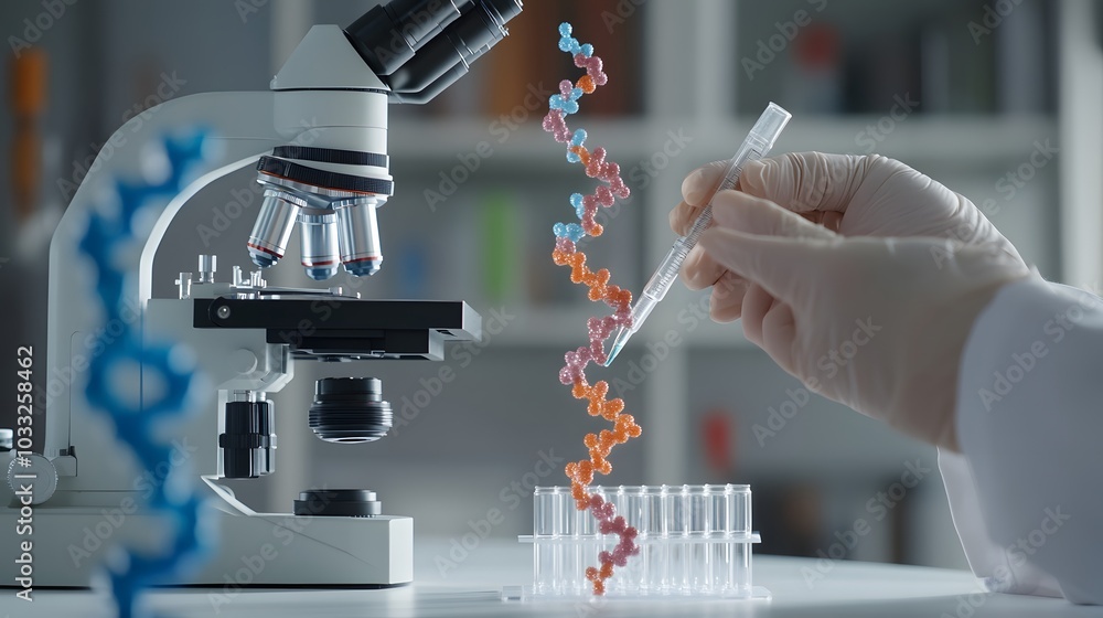 Poster a scientist examining a dna model with a pipette and microscope