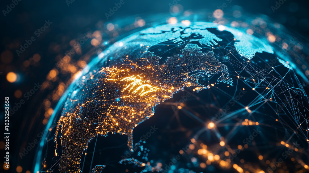Poster the idea of technology connecting the world, shown by a futuristic globe with a tech-filled interfac