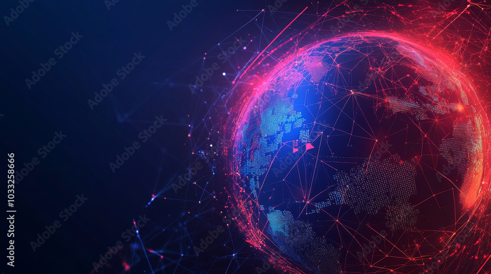 Poster the idea of technology connecting the world, shown by a futuristic globe with a tech-filled interfac