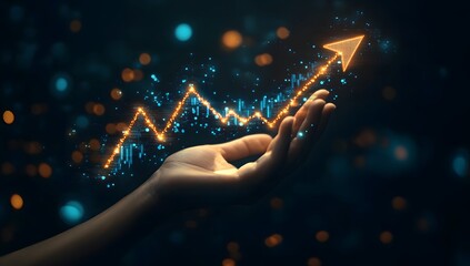 Hand holding up a glowing graph of stock market growth with an arrow pointing upwards on a black background, symbolizing business success and progress in the financial 