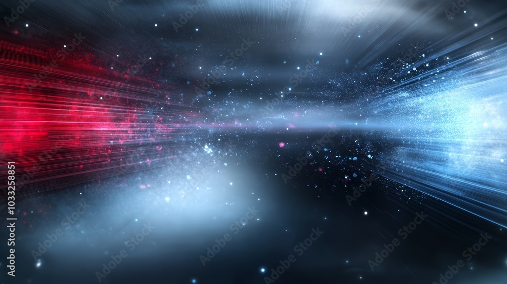 Poster a dynamic digital background featuring red and blue light streaks, creating a sense of motion and en