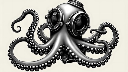 Octopus in diving helmet mechanical and the organic, steampunk diving helmet sketch engraving generative ai illustration. Scratch board imitation. Black and white image.