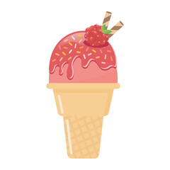 Raspberry ice cream cone with wafer rolls vector illustration. Fresh fruit and sweet dessert.