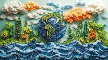 Vibrant paper art showing Earth rivers flowing into oceans surrounded by green trees and clouds celebrating World Water Day and emphasizing environmental protection and saving water