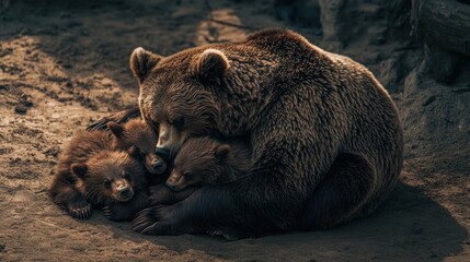 A mother brown bear cuddles her two cubs in the dirt.