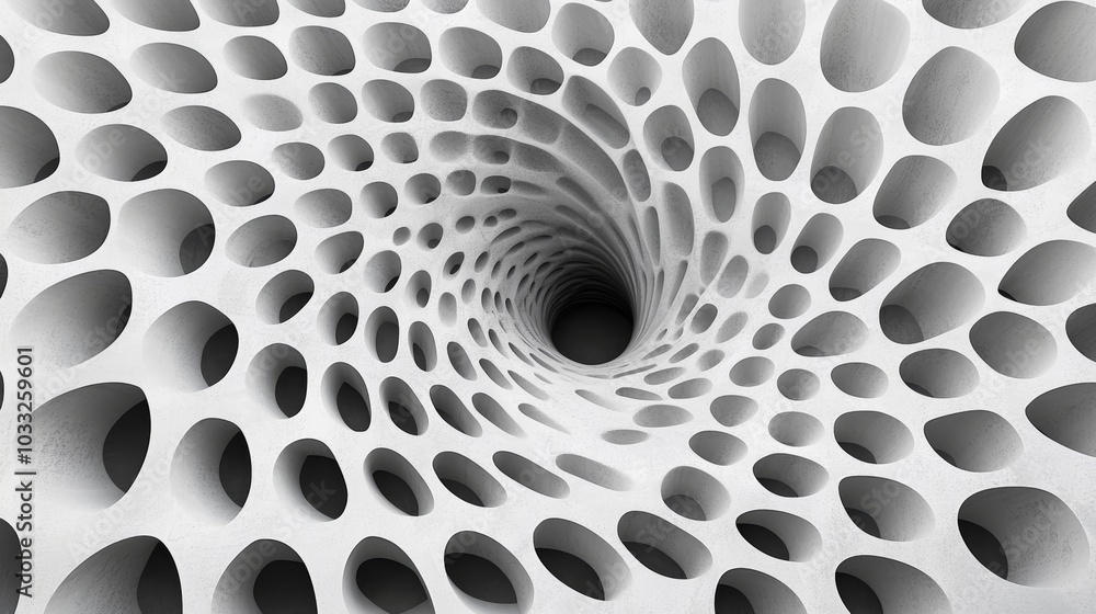 Poster a 3d abstract design featuring a spiral structure with hollow, interconnected forms, creating a sens