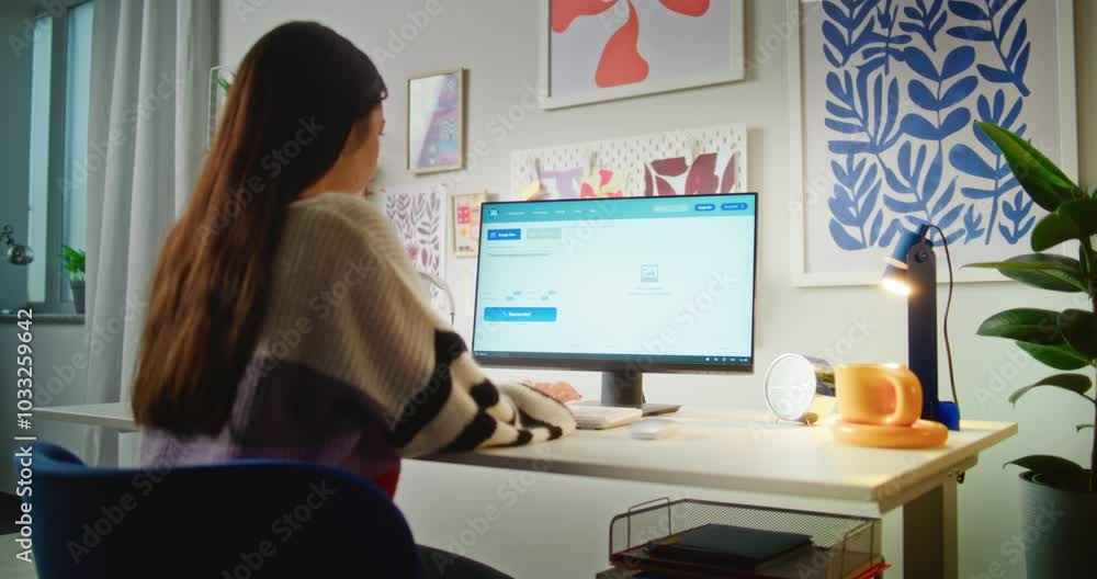 Fototapete back view of girl typing prompt in ai image generator using pc. artificial intelligence software gen