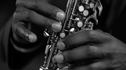 Fototapeta premium Close-up of Black Hands Holding a Silver Saxophone