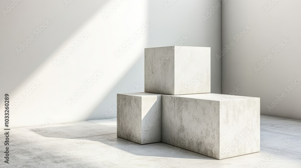 Poster a minimalist setting featuring three concrete blocks arranged at varying heights, illuminated by sof