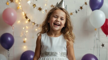 Fototapeta premium Female caucasian girl in white attire on kids background