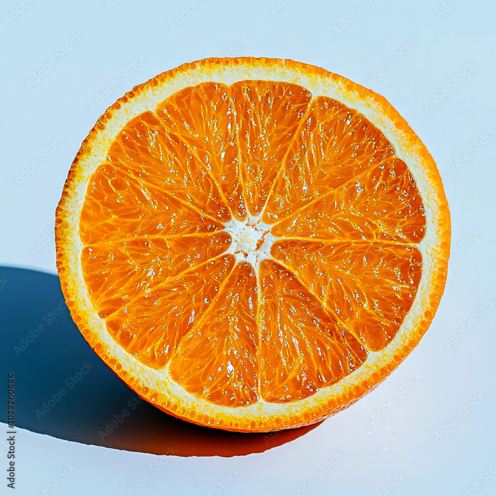 Wall mural a vibrant, sliced orange showcasing its juicy segments and bright color against a light background.