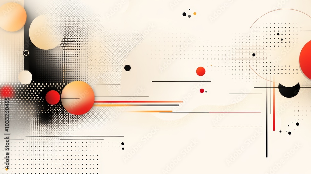Poster a modern abstract design featuring circles, lines, and dots in warm colors against a light backgroun