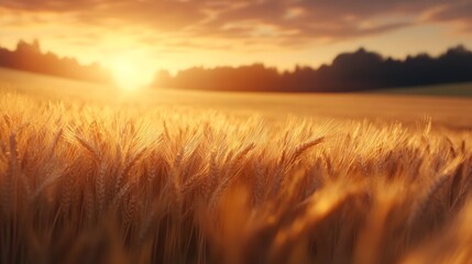 Fototapeta premium A golden wheat field glistens under the warm glow of a setting sun, creating a serene and picturesque landscape.