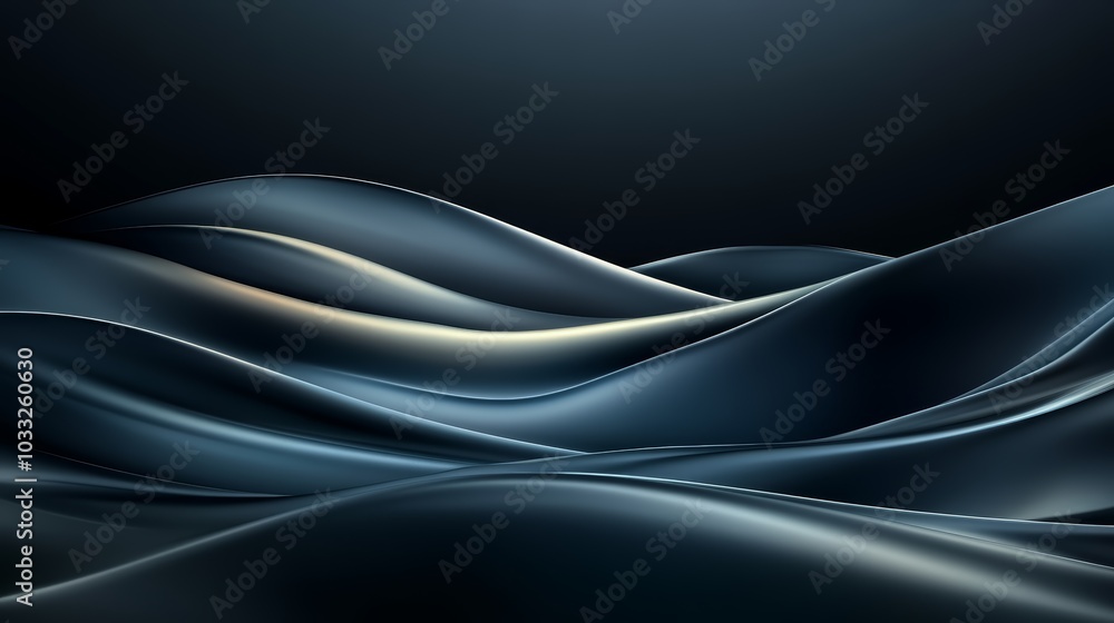 Poster a fluid abstract design features smooth, flowing waves in dark tones, creating a serene and modern a