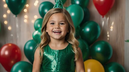 Obraz premium Female american girl in green attire on kids background