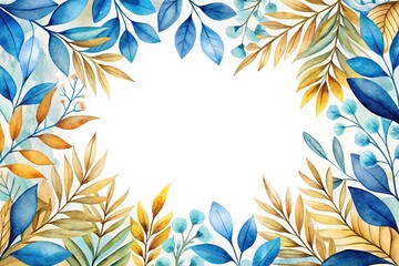 Abstract botanical watercolor frame with blue and gold leaves
