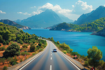 Scenic Coastal Road with Lush Greenery and Majestic Mountains Against a Clear Blue Sky