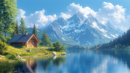 Fototapeta premium A serene lakeside cabin surrounded by majestic mountains and lush greenery.