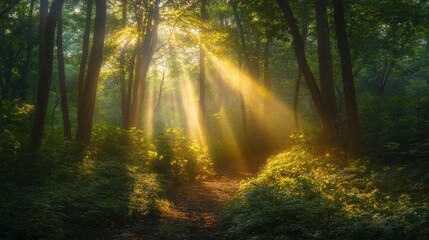 Naklejka premium Sunbeams pierce through the dense canopy of a misty forest, illuminating a path through the trees.