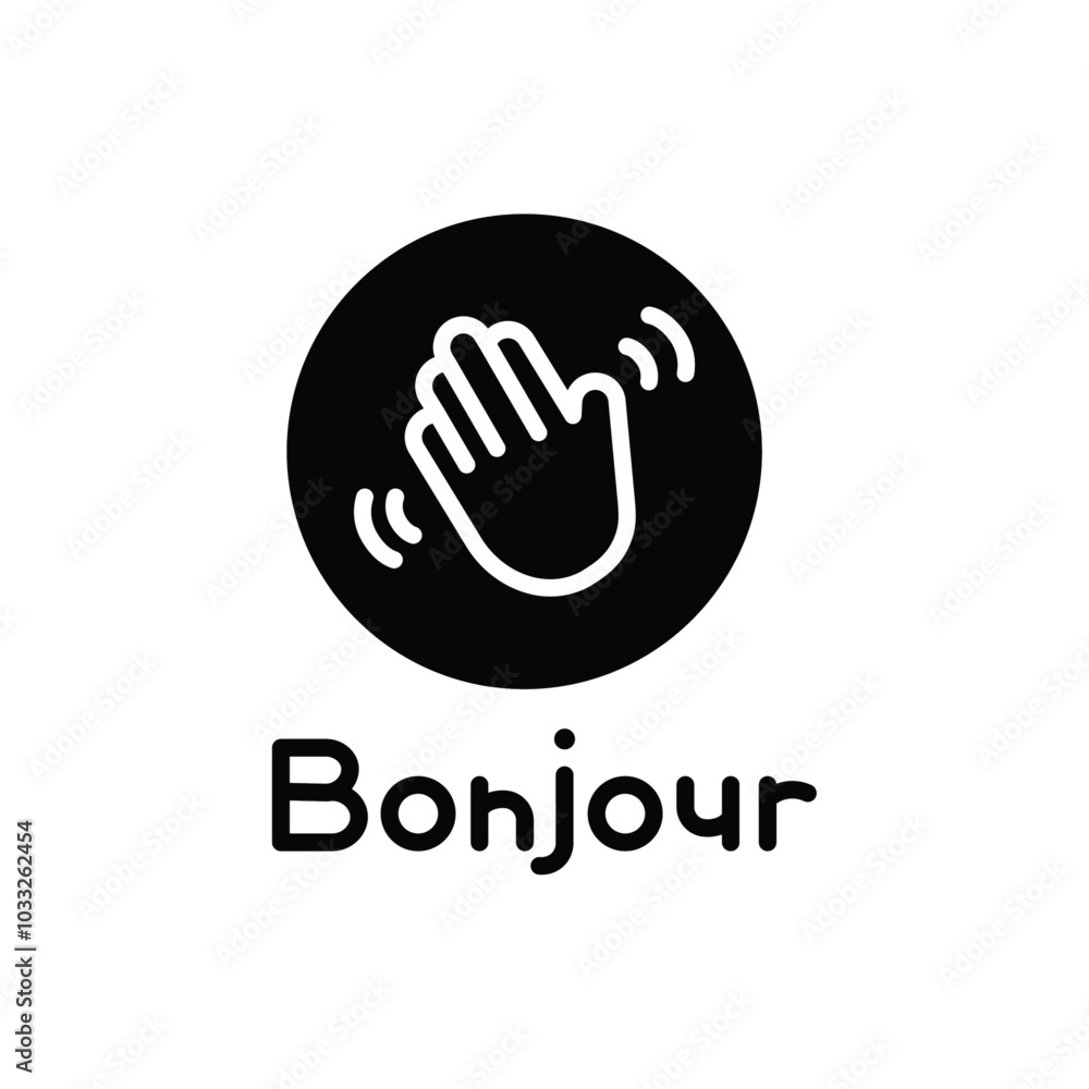 Poster bonjour text with hand wave icon web design in vector