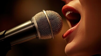 Obraz premium Close-up of a singer's mouth singing into a microphone