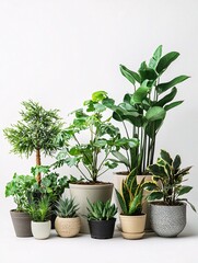 Fototapeta premium A vibrant assortment of houseplants in stylish pots highlights the beauty and variety of indoor greenery against a clean backdrop.