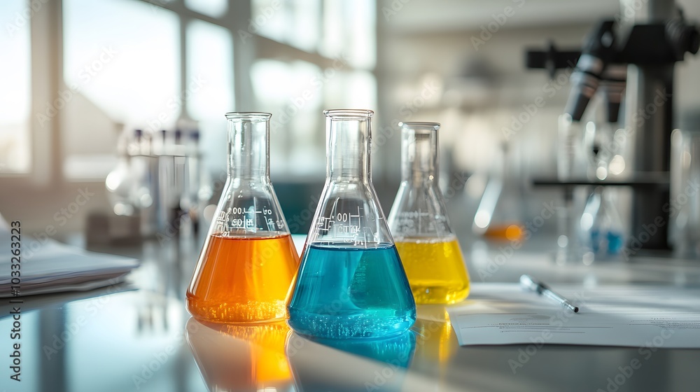 Poster three erlenmeyer flasks with colored liquids on a laboratory table