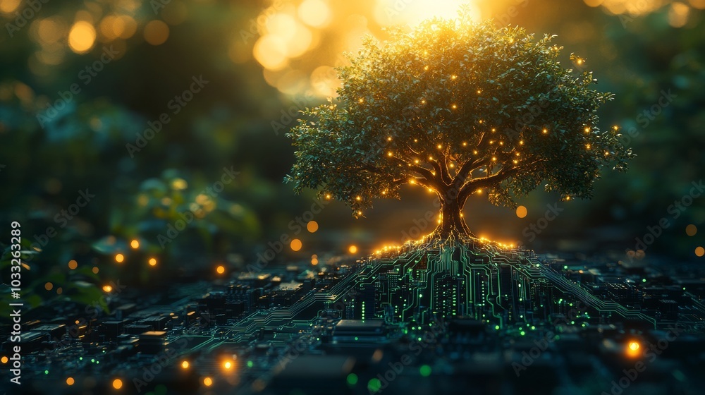 Poster tree growing from circuit board under golden sunlight, blending nature and technology. innovation an