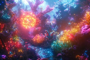 Dive into a vibrant underwater world filled with colorful coral and glowing marine life. This enchanting scene captures the beauty of ocean depths. Generative AI