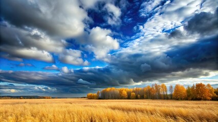 Fototapeta premium Blue autumn sky with gray clouds over field yellow grasses