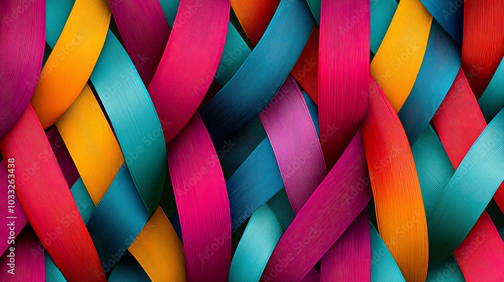 Poster a vibrant, woven pattern of colorful ribbons creating a dynamic visual texture.