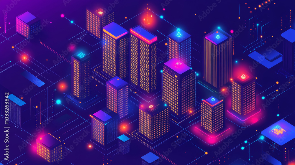 Poster a smart city uses technology to improve how it works. the image shows buildings with electronic patt
