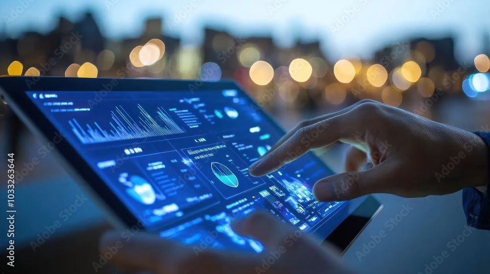 Poster Hand Interacting with a Digital Tablet Displaying Data and Charts