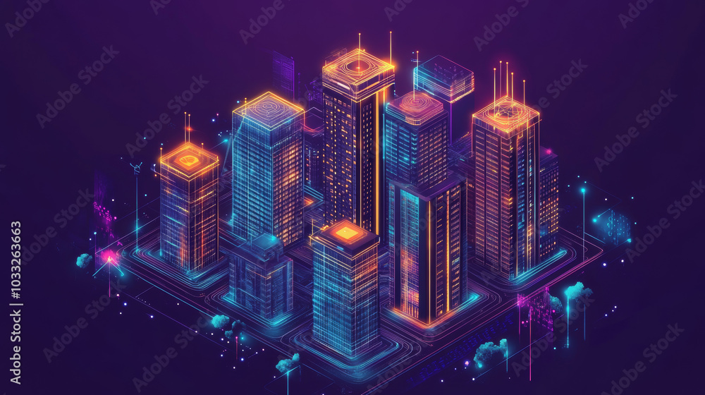 Poster a smart city uses technology to improve how it works. the image shows buildings with electronic patt