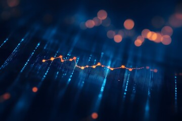 Illustration of a stock market graph, a line chart with an upward trend on a dark blue background. Concept for financial data and business growth.
