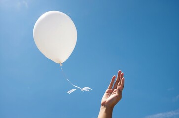 Hand reaching for floating white balloon in bright blue sky