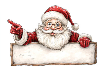 Santa Christmas cartoon character peeking over a sign and pointing at it
