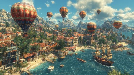 Fototapeta premium Colorful Hot Air Balloons Over Coastal City with Sailboat