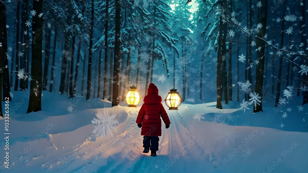 Poster a child walks through a snowy forest with lanterns at dusk, creating a magical winter atmosphere in 
