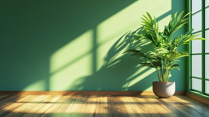 Mid-Century Modern living room, Empty green wall mockup have wooden floor and green plant with bright sunlight shining through