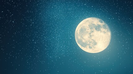 A full moon shines brightly in a dark night sky, surrounded by twinkling stars.