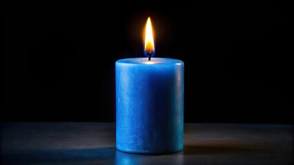 Blue candle with flame casting warm light in the dark