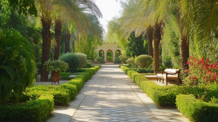 Obraz premium A stone pathway lined with trimmed hedges leads through a lush garden with palm trees and a white arched structure in the distance.