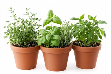 Fototapeta premium Clay pots filled with a variety of aromatic herbs make a perfect addition for cooking and stylish home decoration.