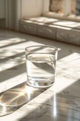 glass of crystal-clear water on a sleek marble surface. Sunlight streams through a nearby window, casting gentle reflections on the water's surface.