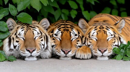 Fototapeta premium Three Sleeping Tigers in Lush Foliage Wildlife Photography Endangered Species Nature