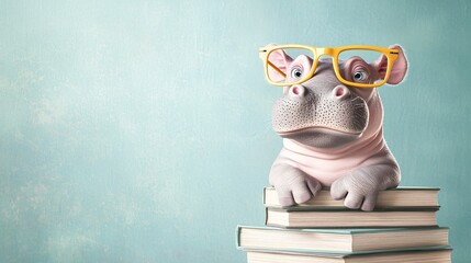 A snarky baby hippo standing on a pile of books, oversized glasses, vibrant 3D illustration, classroom background